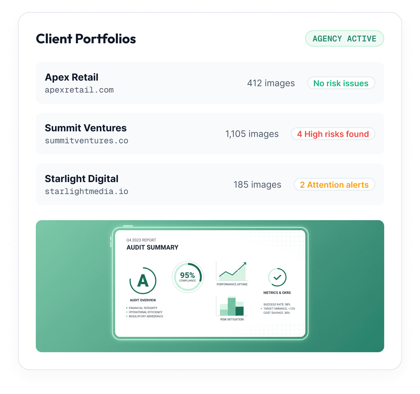 Agency platform dashboard showing client portfolios with per-site image audit status