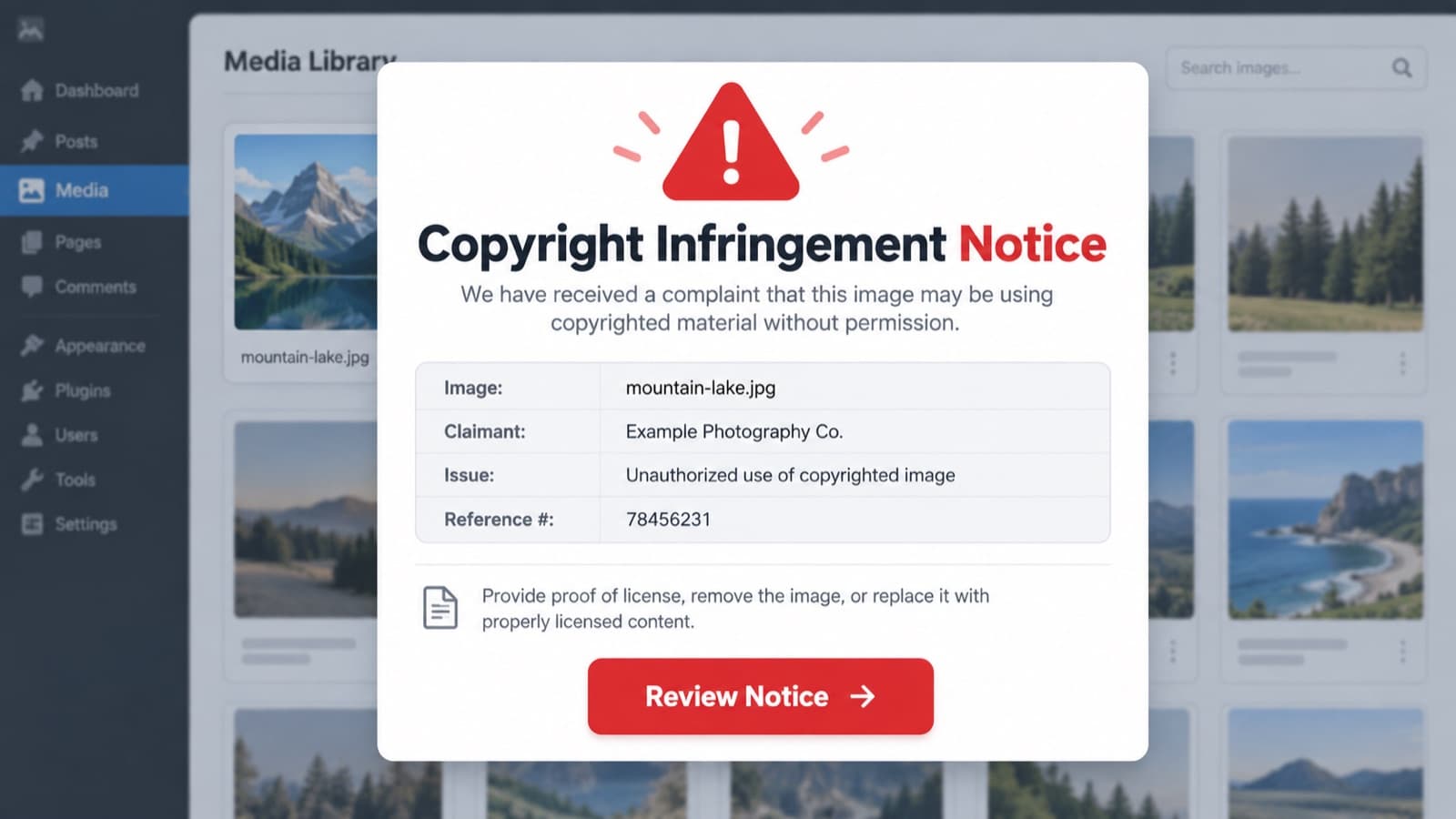 A copyright infringement notice over a blurred media library, flagging mountain-lake.jpg for unauthorized use and asking for proof of license