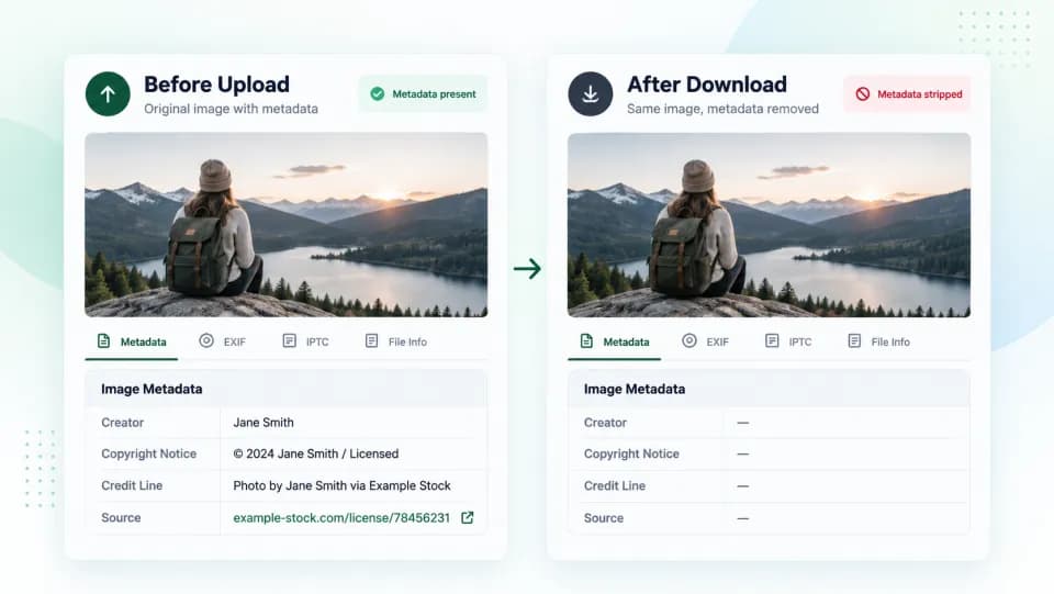 Side by side comparison of the same photo's metadata before upload, with creator, copyright notice, credit line and source filled in, and after download, with every field empty
