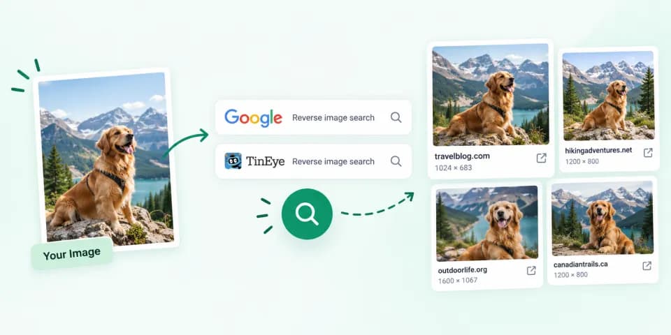 One photo of a dog in the mountains being sent to Google and TinEye reverse image search, returning matching copies hosted on four different websites