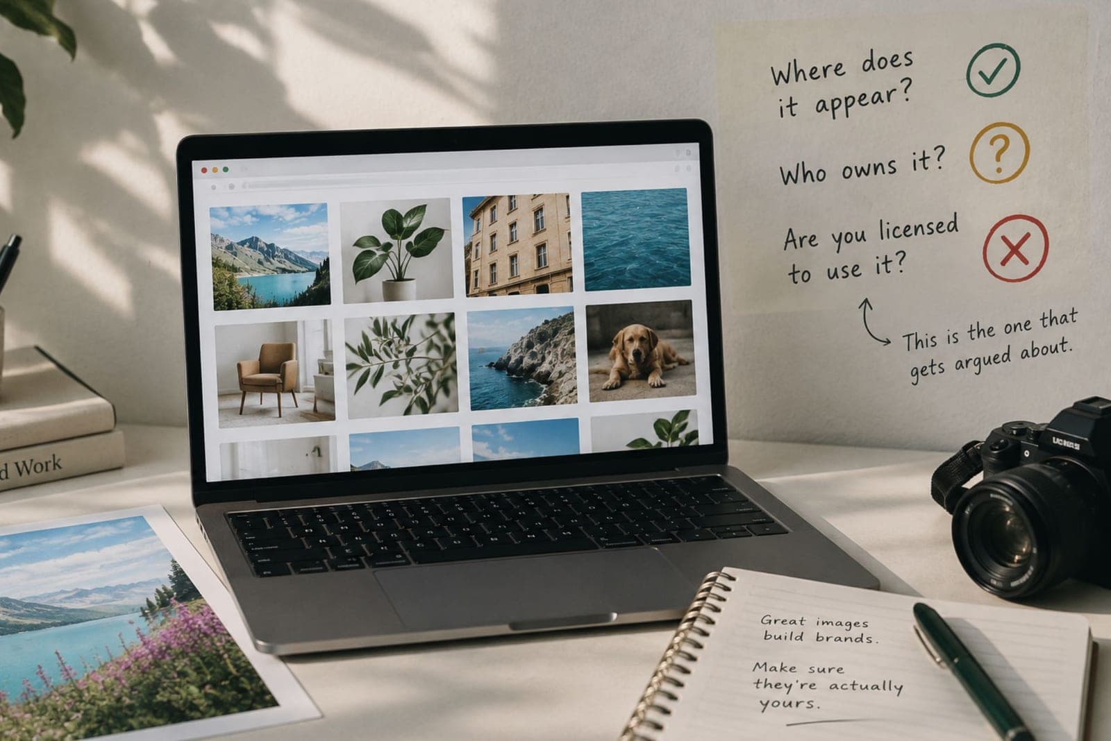 A laptop showing a grid of website photos beside a note asking where an image appears, who owns it, and whether you are licensed to use it