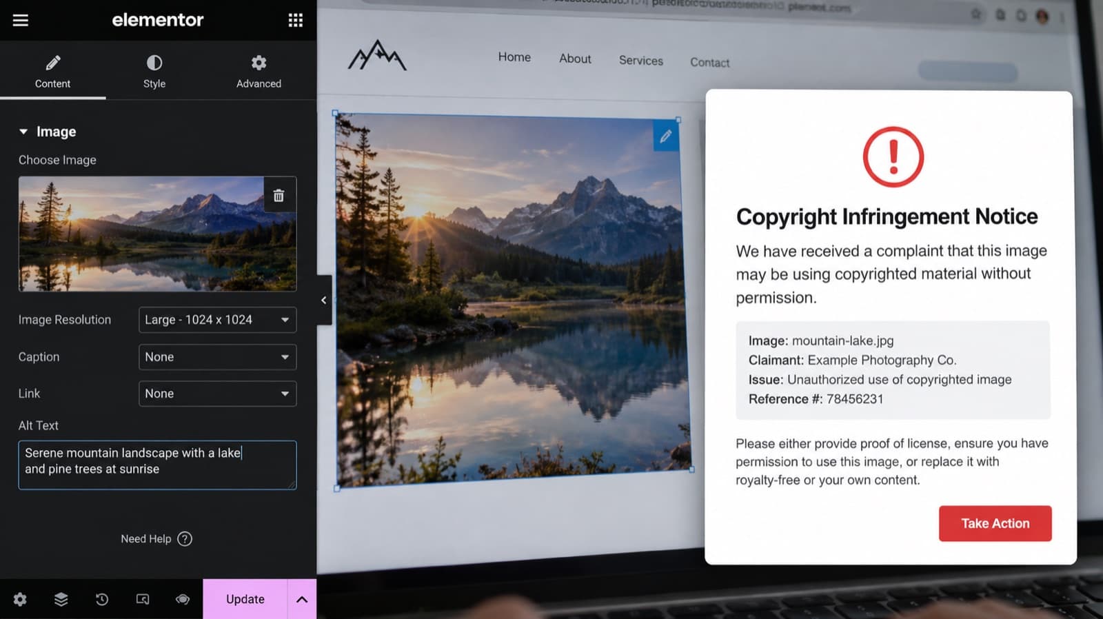 A website image editor beside a copyright infringement notice asking for proof of license or replacement of a mountain lake photo