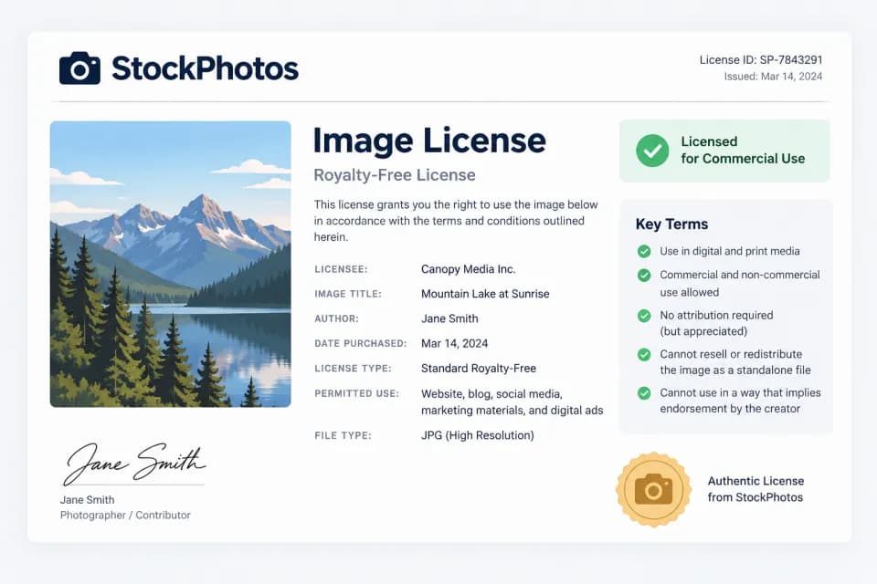 A stock photo licence record showing a royalty-free licence for a mountain lake image, with its licensee, permitted uses and key terms