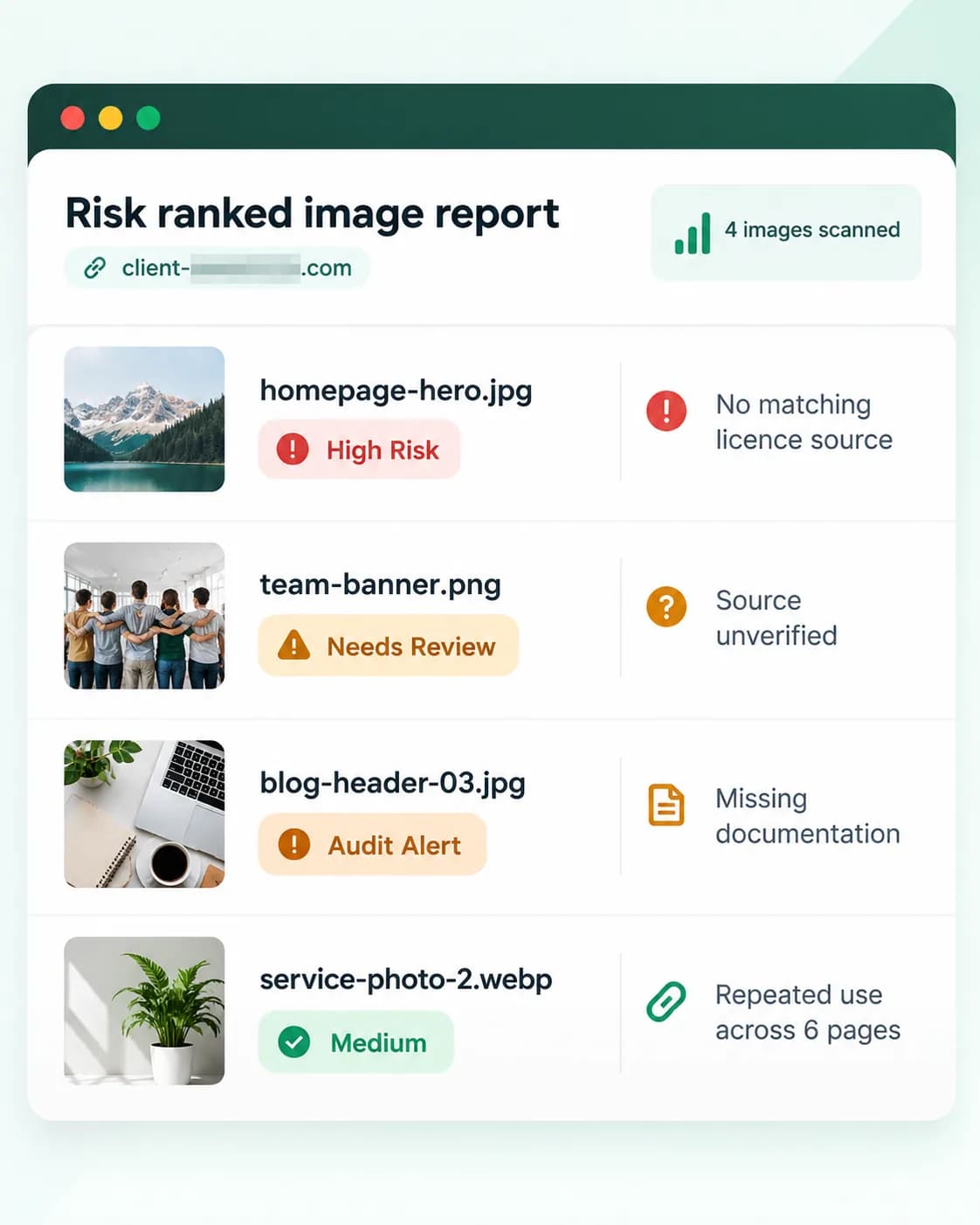 A risk ranked image report listing four images with statuses of High Risk, Needs Review, Audit Alert and Medium, and the reason each was flagged