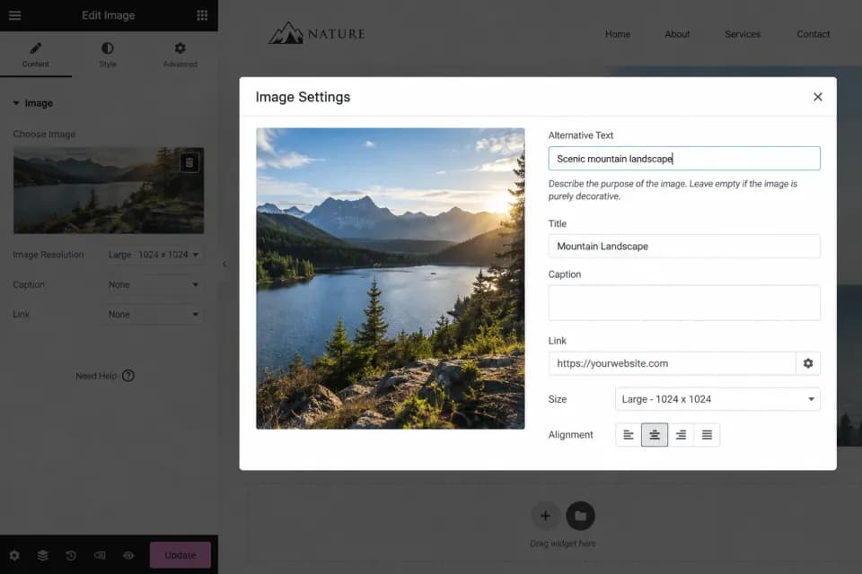 A website editor's Image Settings panel with the Alternative Text field filled in as "Scenic mountain landscape"
