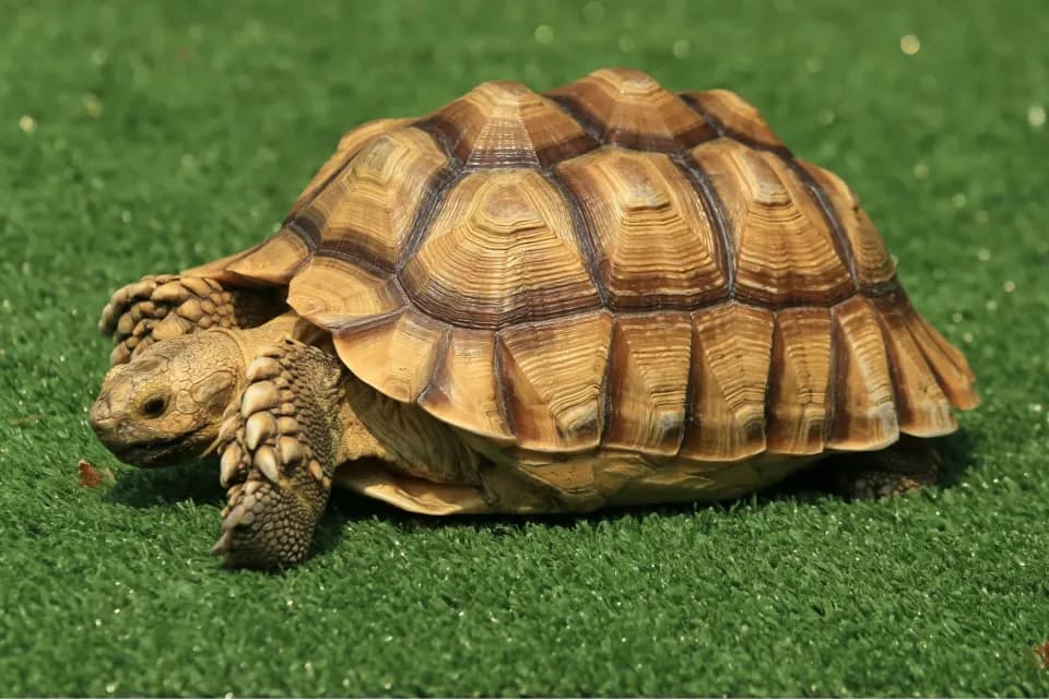 A tortoise walking slowly across bright green grass